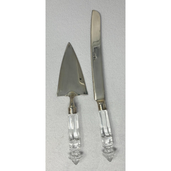 Silver Clear Cake Knife and Server Set Crystal Handles Wedding Party - Picture 2 of 3